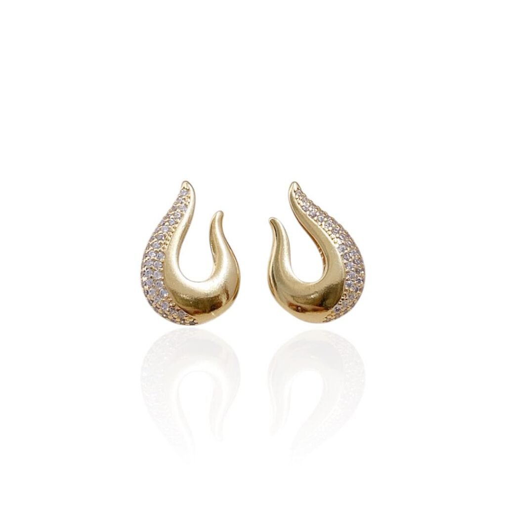 Brinco U Liso e Cravejado - Semijoias no ouro 18K