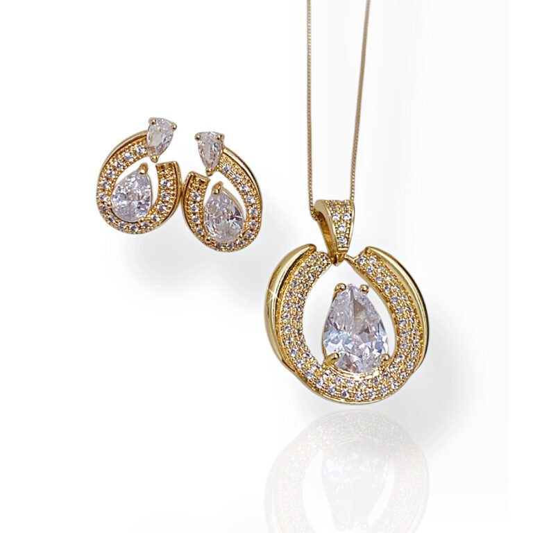 Conjunto Luxo Gota Cravejado - Semijoias com banho no ouro 18K