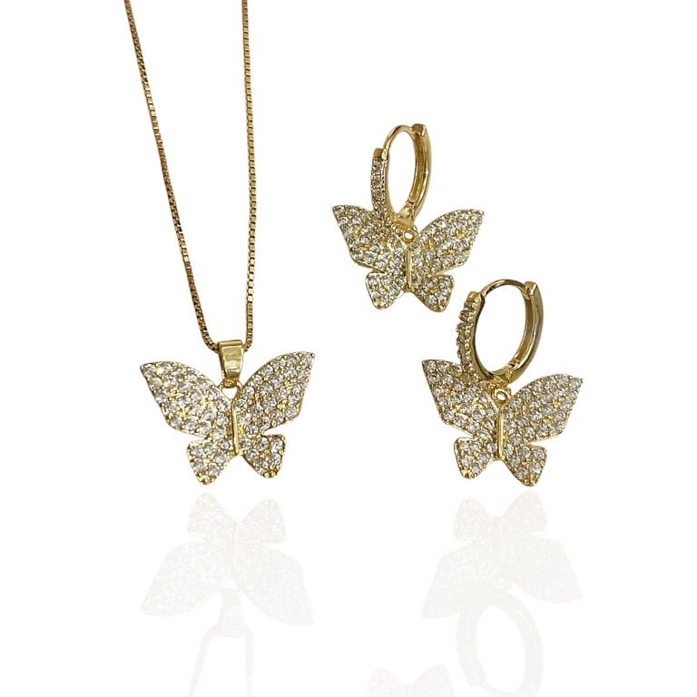 Conjunto Borboleta Cravejado - Semijoias com banho no ouro 18K